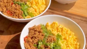saboro don lokal - ilustrasi berita Saboro Don lokal: Ayam cincang dan telur lembut untuk santapan rumahan