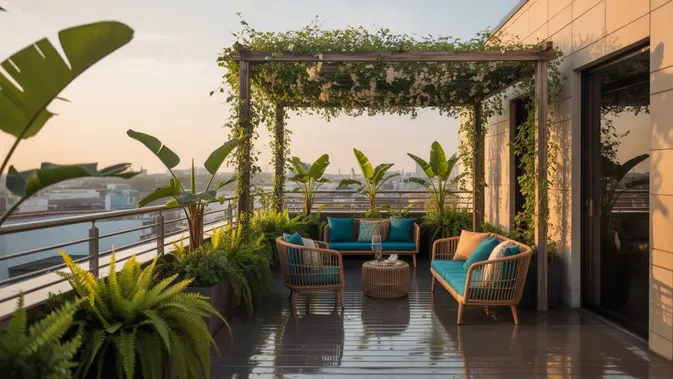 teras rooftop - ilustrasi berita 7 Konsep Teras Rooftop untuk Rumah Kecil: Estetika, Hemat, dan Bebas Bocor Jadi Sorotan